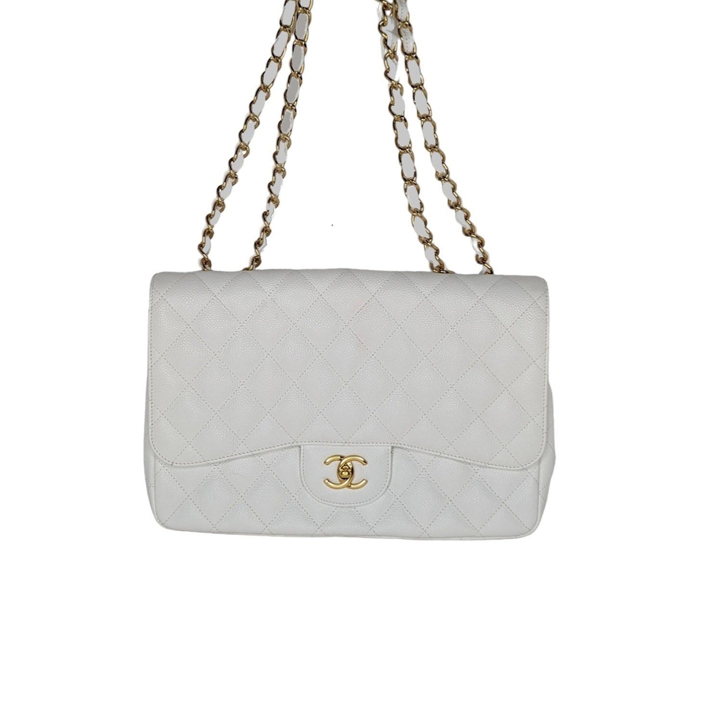 Chanel   Classic Quilted Caviar Single White Jumbo Flap