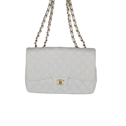 Chanel   Classic Quilted Caviar Single White Jumbo Flap