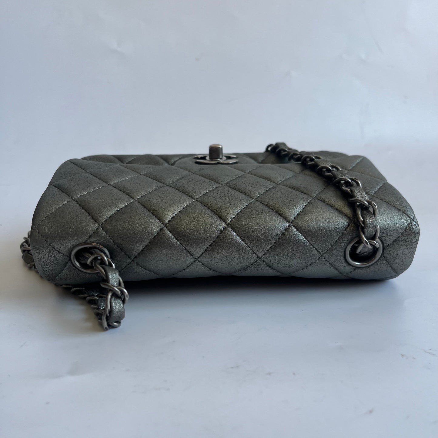Chanel Classic Flap Rectangular Mini Metallic Grey Lambskin Leather Silver Hardware