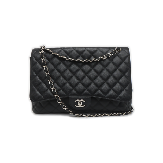 Chanel Classic Flap Maxi Black Caviar Leather Single Flap with Silver Hardware