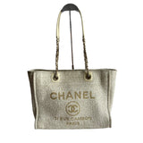 Chanel Deauville Tote Gold Beige Cloth Leather Chain Strap Small 34cm