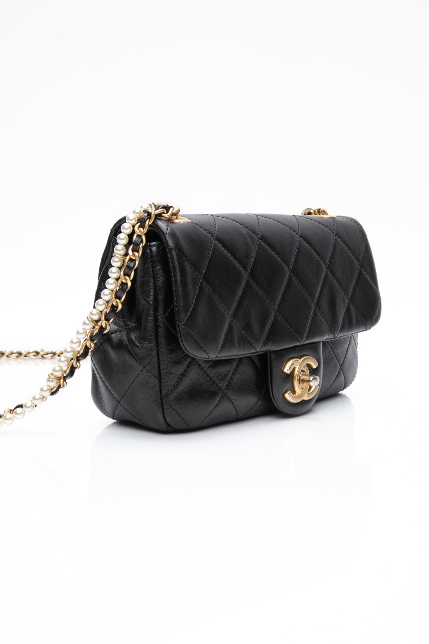 CHANEL Small Black Crystal Pearls Chain Lambskin Quilted Flap Bag