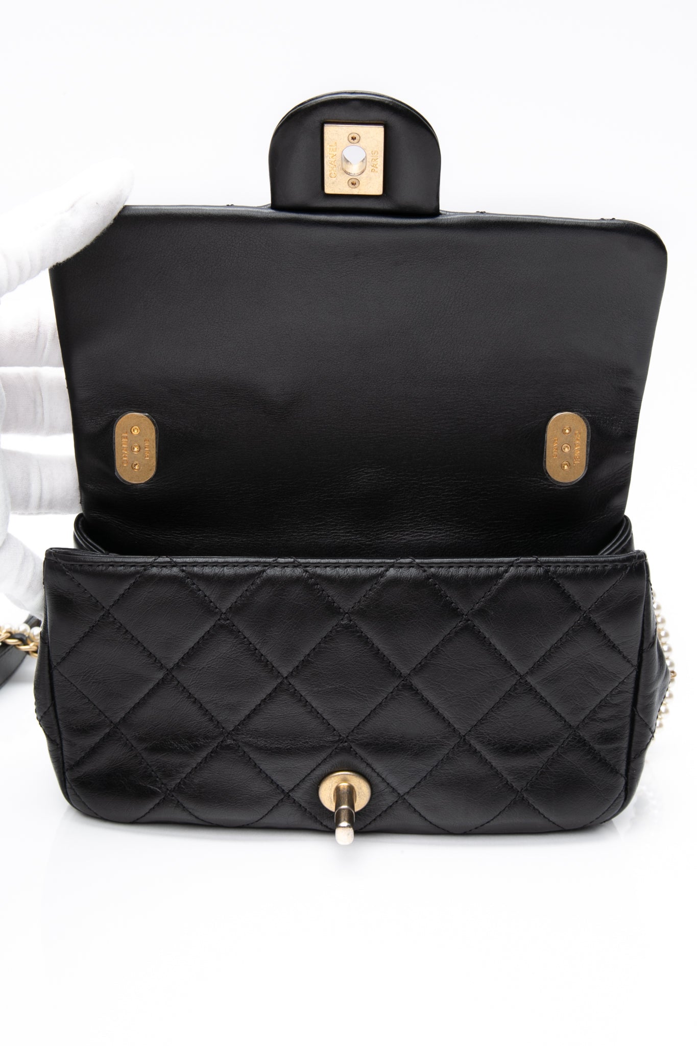 CHANEL Small Black Crystal Pearls Chain Lambskin Quilted Flap Bag