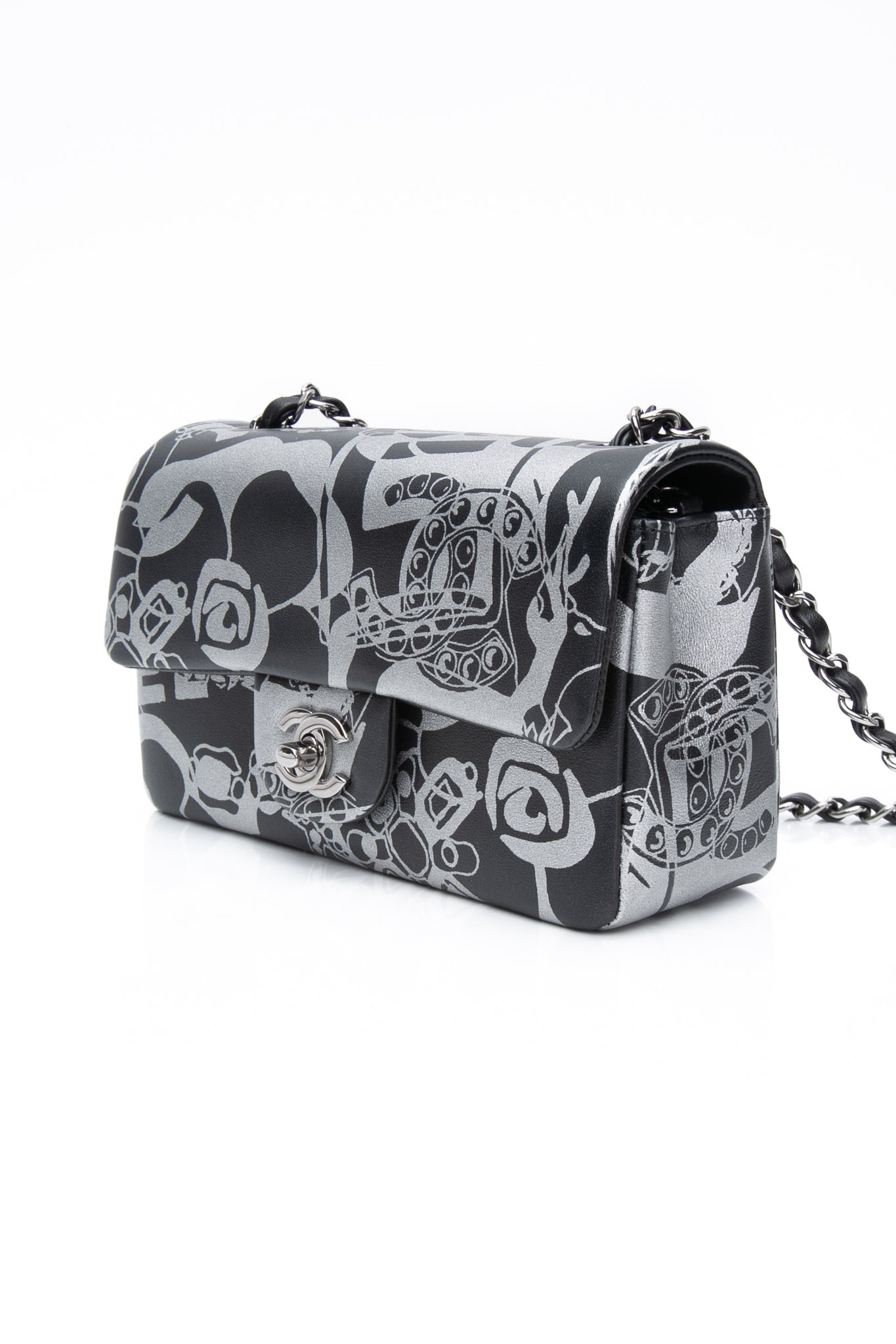 CHANEL 22C Black Silver Printed Lambskin Leather Rectangular Mini Flap Bag