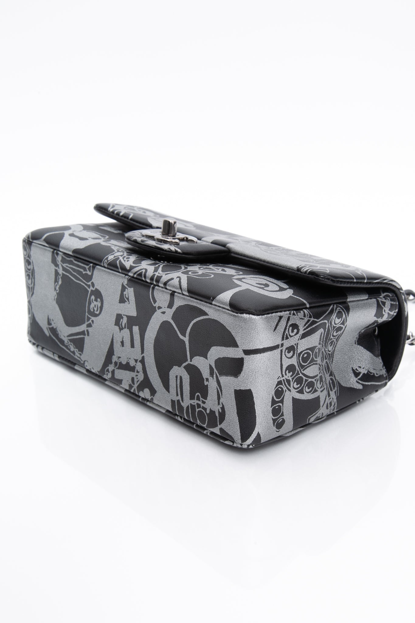 CHANEL 22C Black Silver Printed Lambskin Leather Rectangular Mini Flap Bag