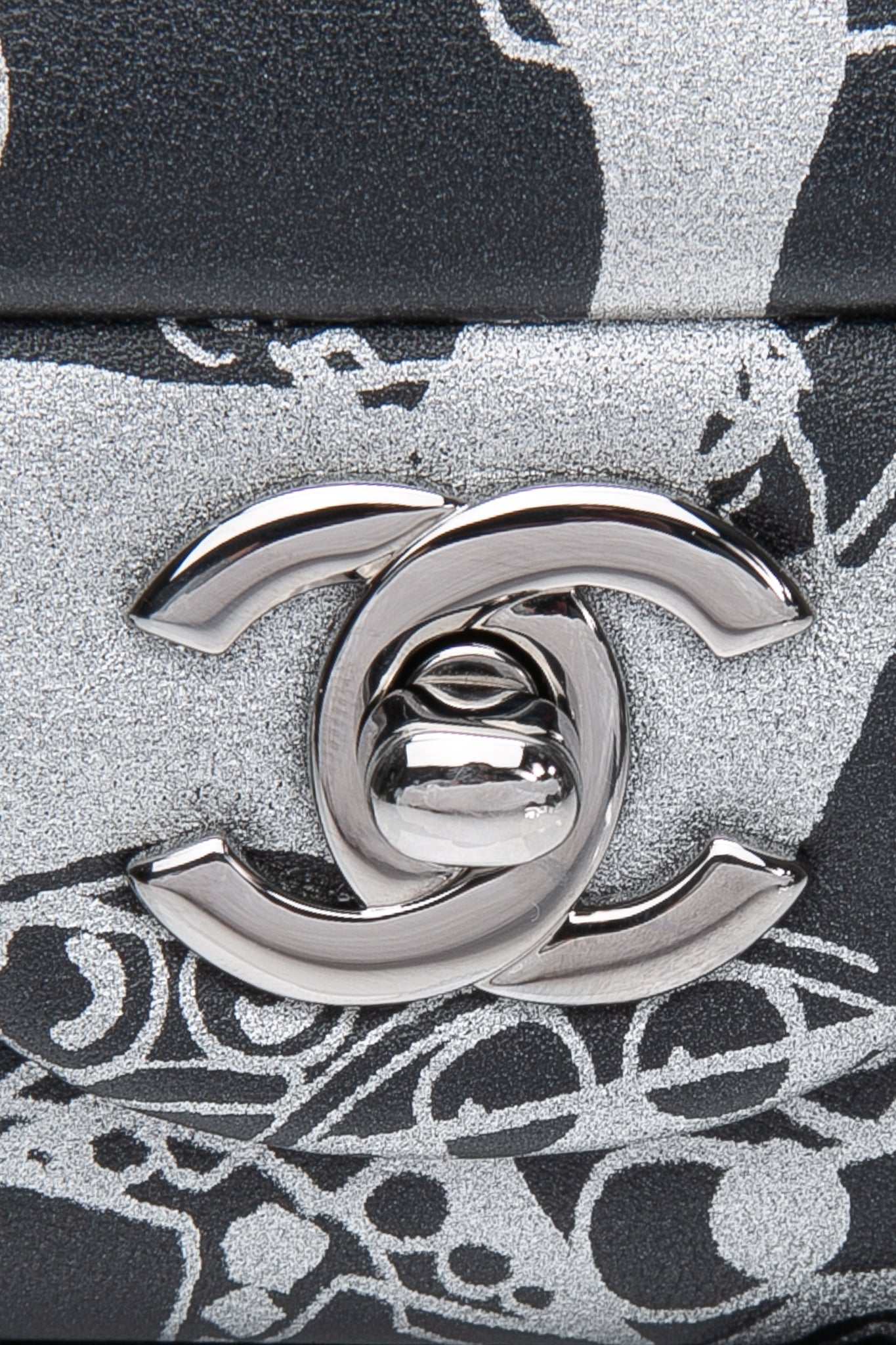 CHANEL 22C Black Silver Printed Lambskin Leather Rectangular Mini Flap Bag