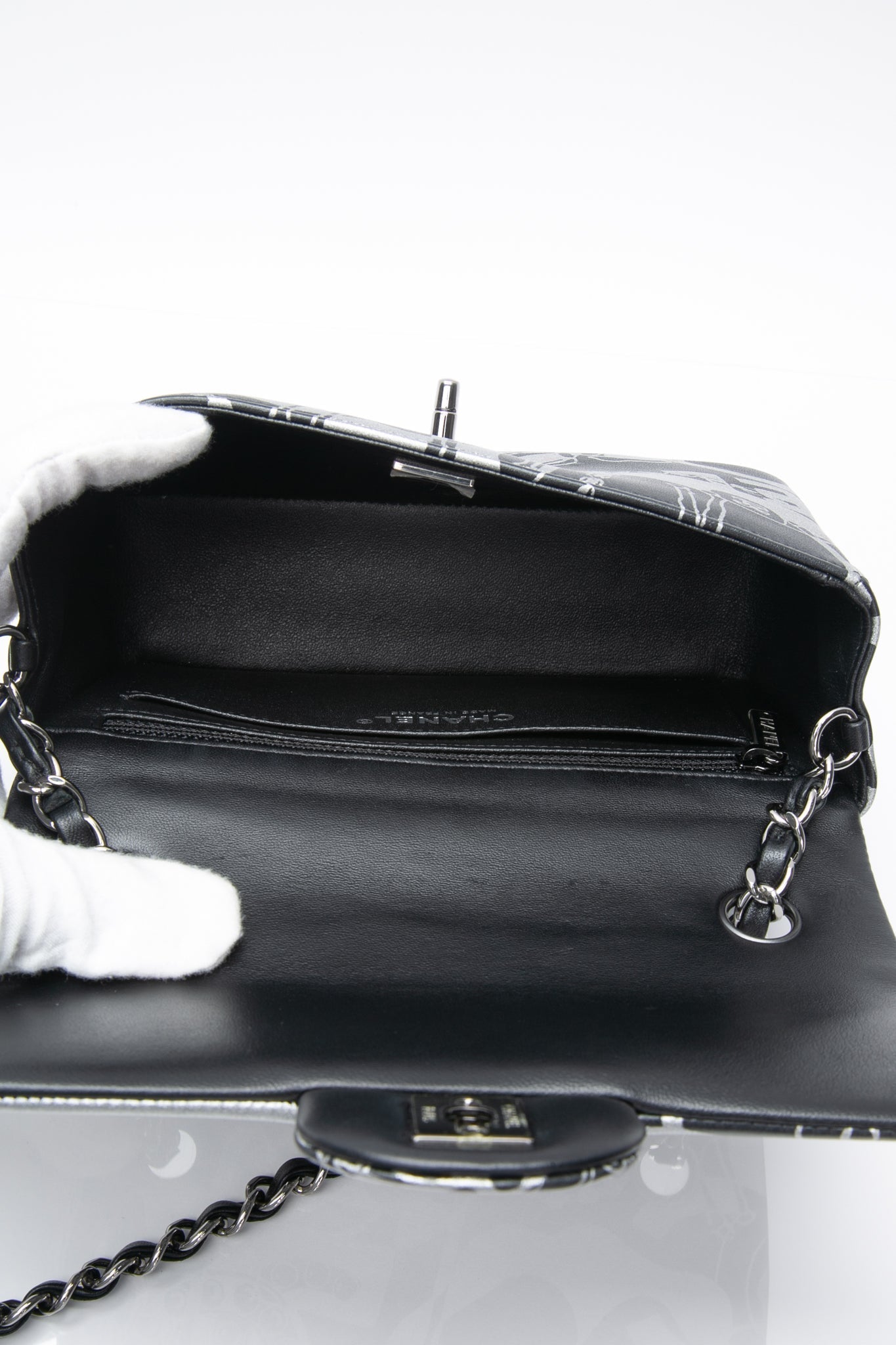 CHANEL 22C Black Silver Printed Lambskin Leather Rectangular Mini Flap Bag