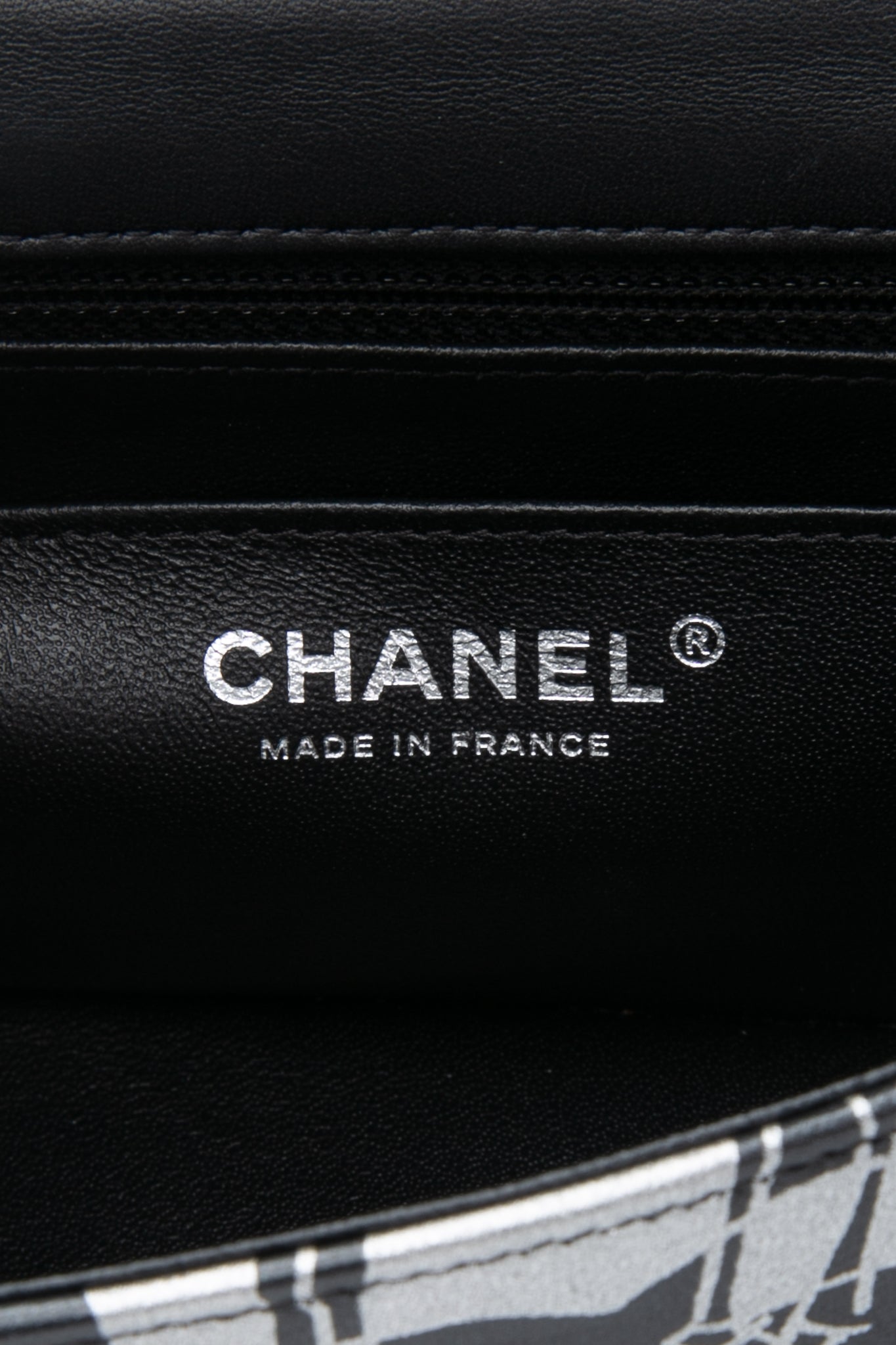 CHANEL 22C Black Silver Printed Lambskin Leather Rectangular Mini Flap Bag