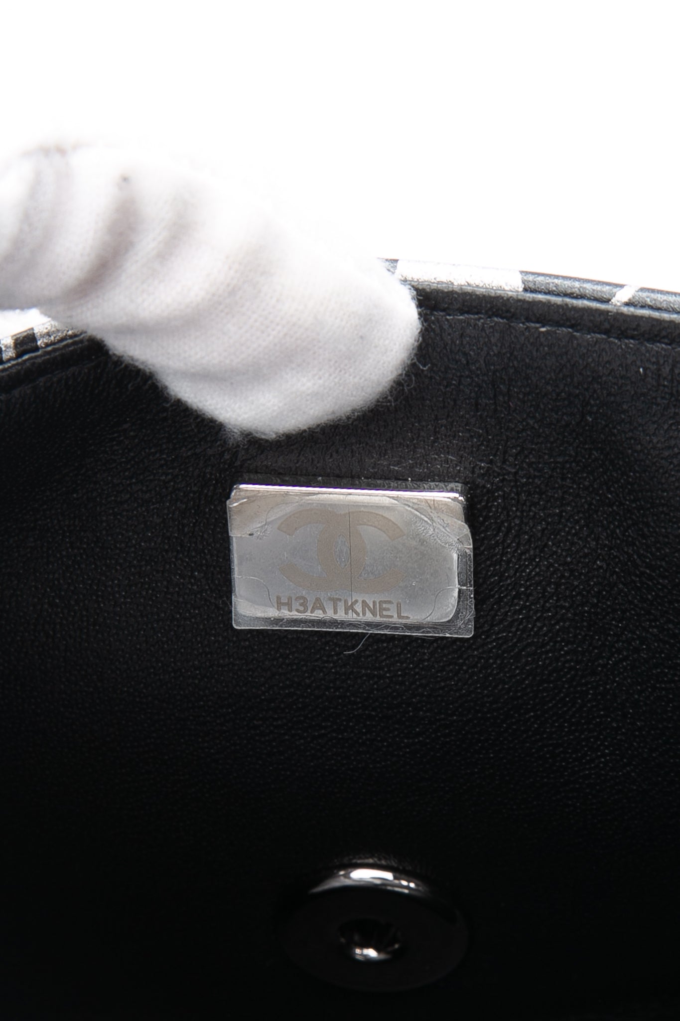CHANEL 22C Black Silver Printed Lambskin Leather Rectangular Mini Flap Bag