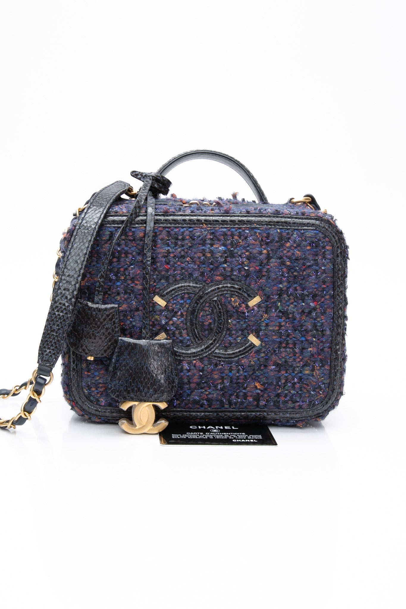 CHANEL Blue Tweed Quilted CC Filigree Python Medium