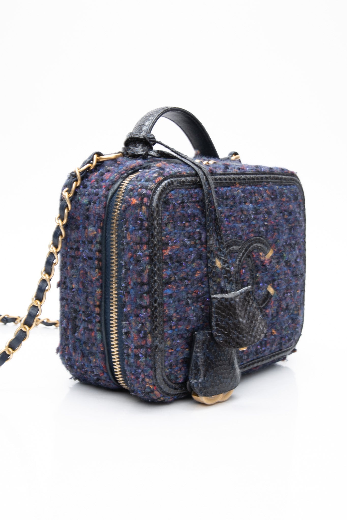 CHANEL Blue Tweed Quilted CC Filigree Python Medium