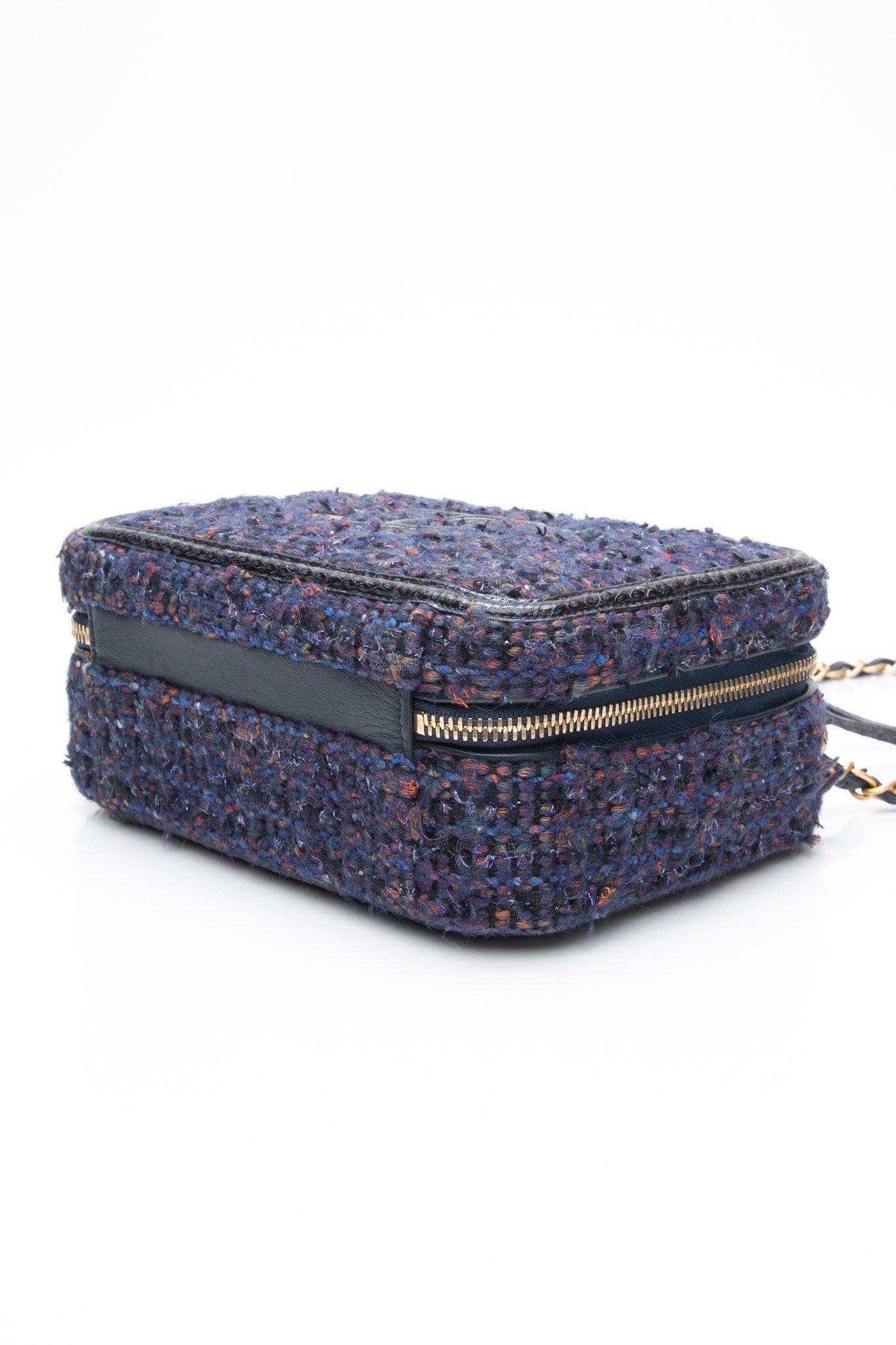 CHANEL Blue Tweed Quilted CC Filigree Python Medium