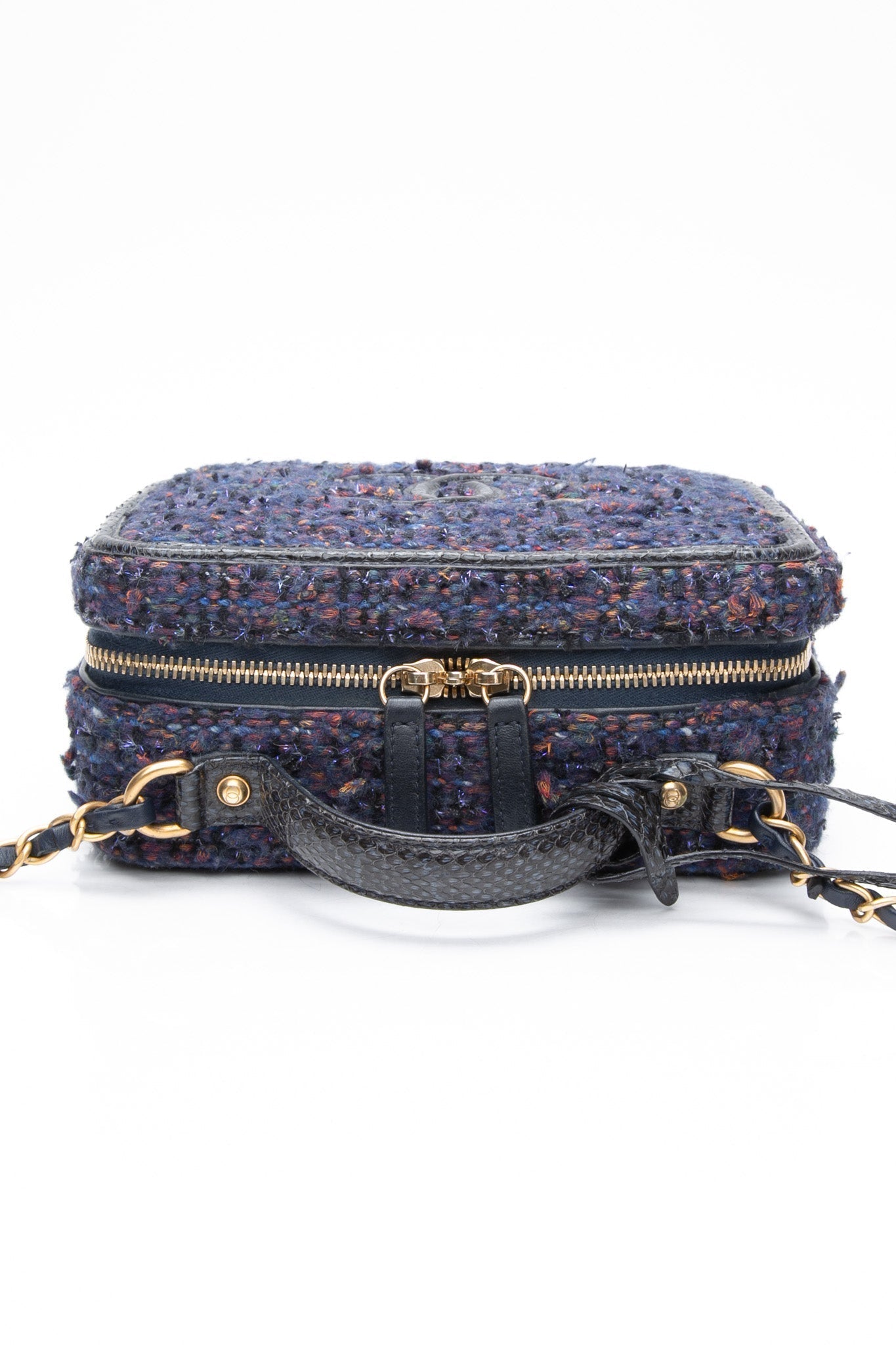 CHANEL Blue Tweed Quilted CC Filigree Python Medium