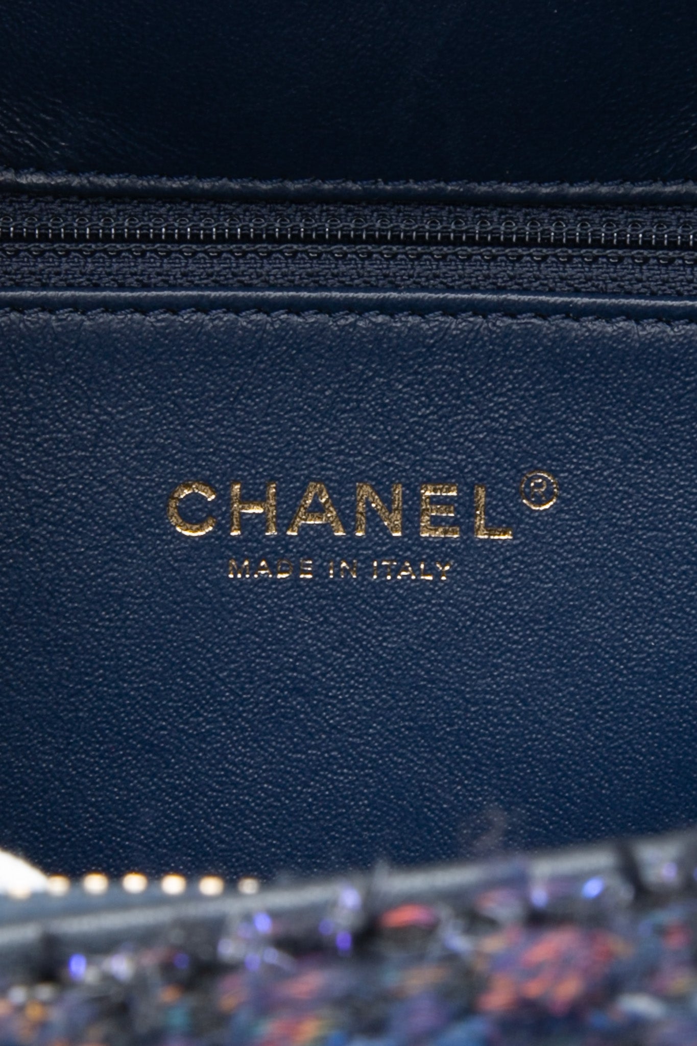 CHANEL Blue Tweed Quilted CC Filigree Python Medium