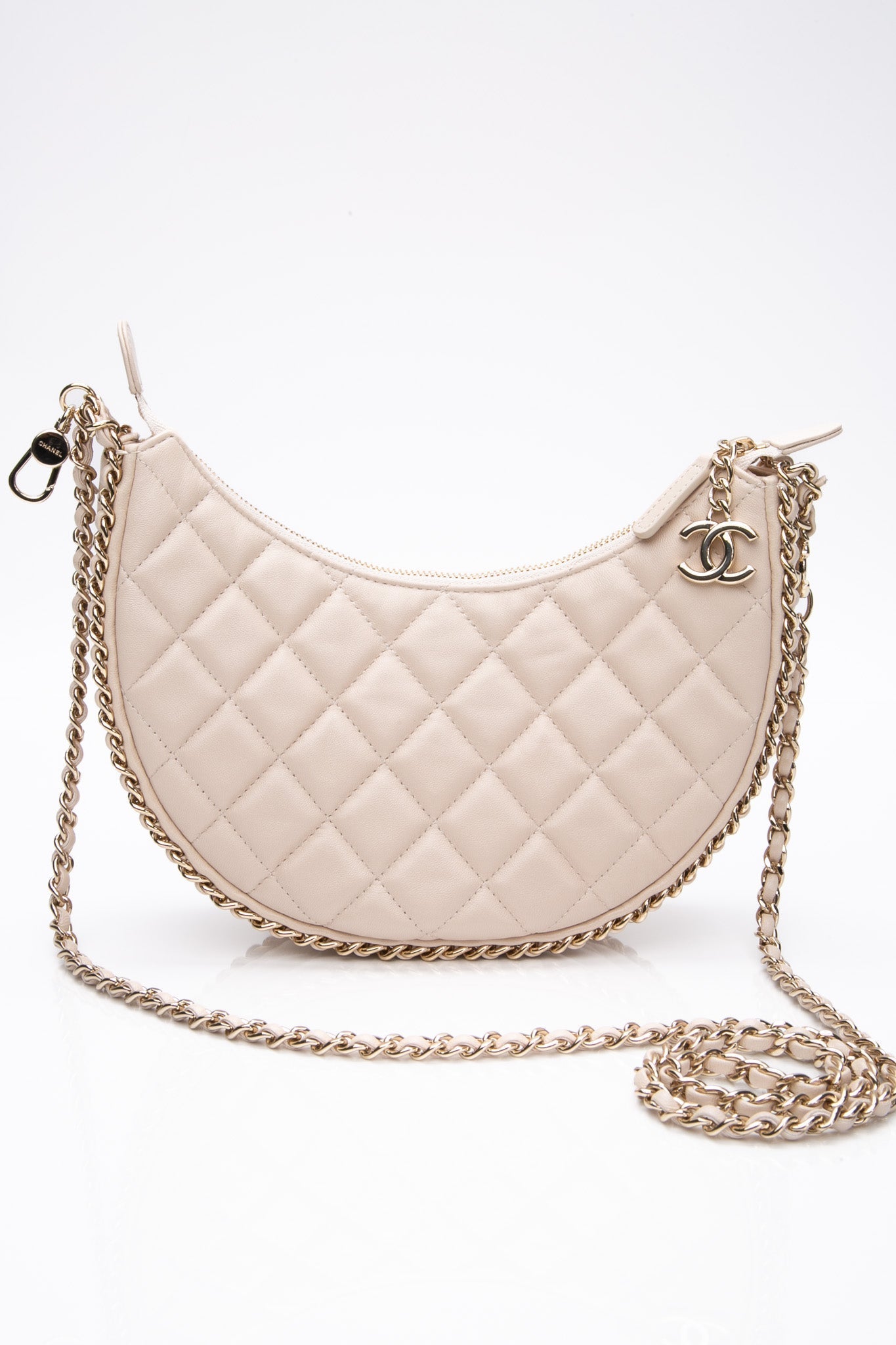 CHANEL 23P Ecru Light Beige Lambskin Quilted Small Hobo Bag