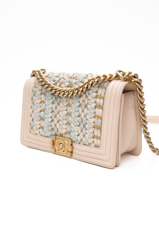 CHANEL Medium Blue Braided Tweed Calfskin Boy Bag