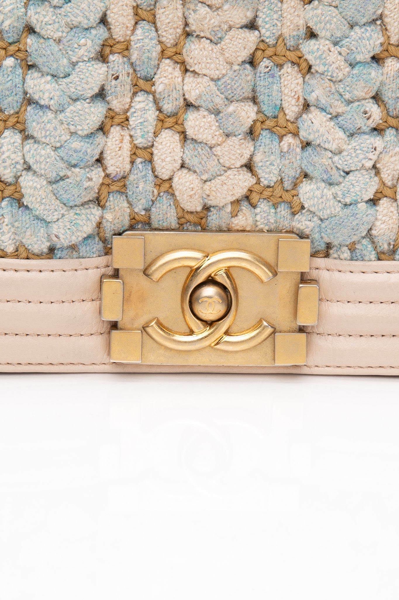 CHANEL Medium Blue Braided Tweed Calfskin Boy Bag