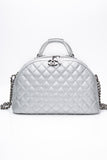 CHANEL Silver Metallic Calfskin Quilted Medium Airlines Round Trip Bowling Bag