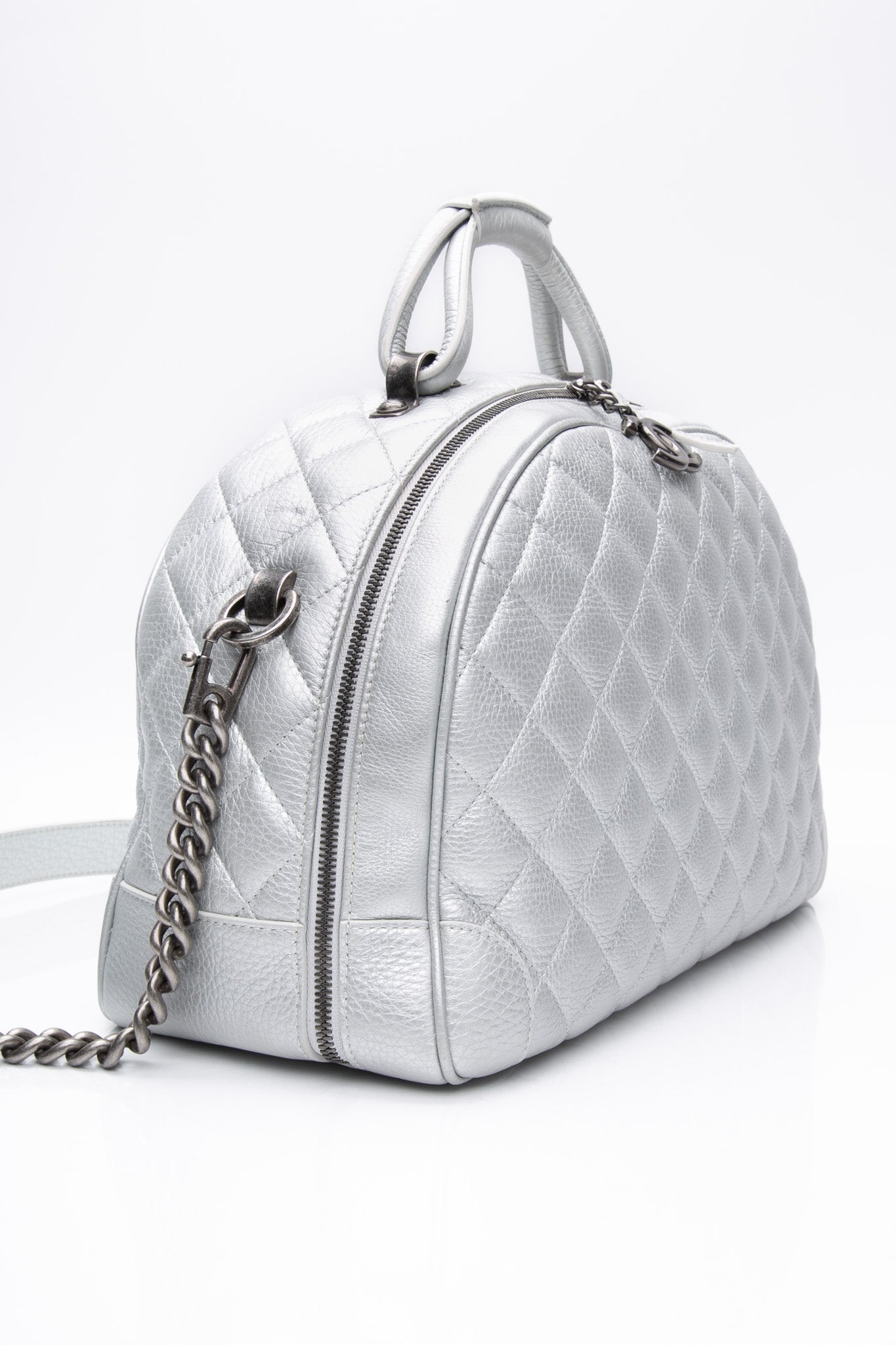 CHANEL Silver Metallic Calfskin Quilted Medium Airlines Round Trip Bowling Bag