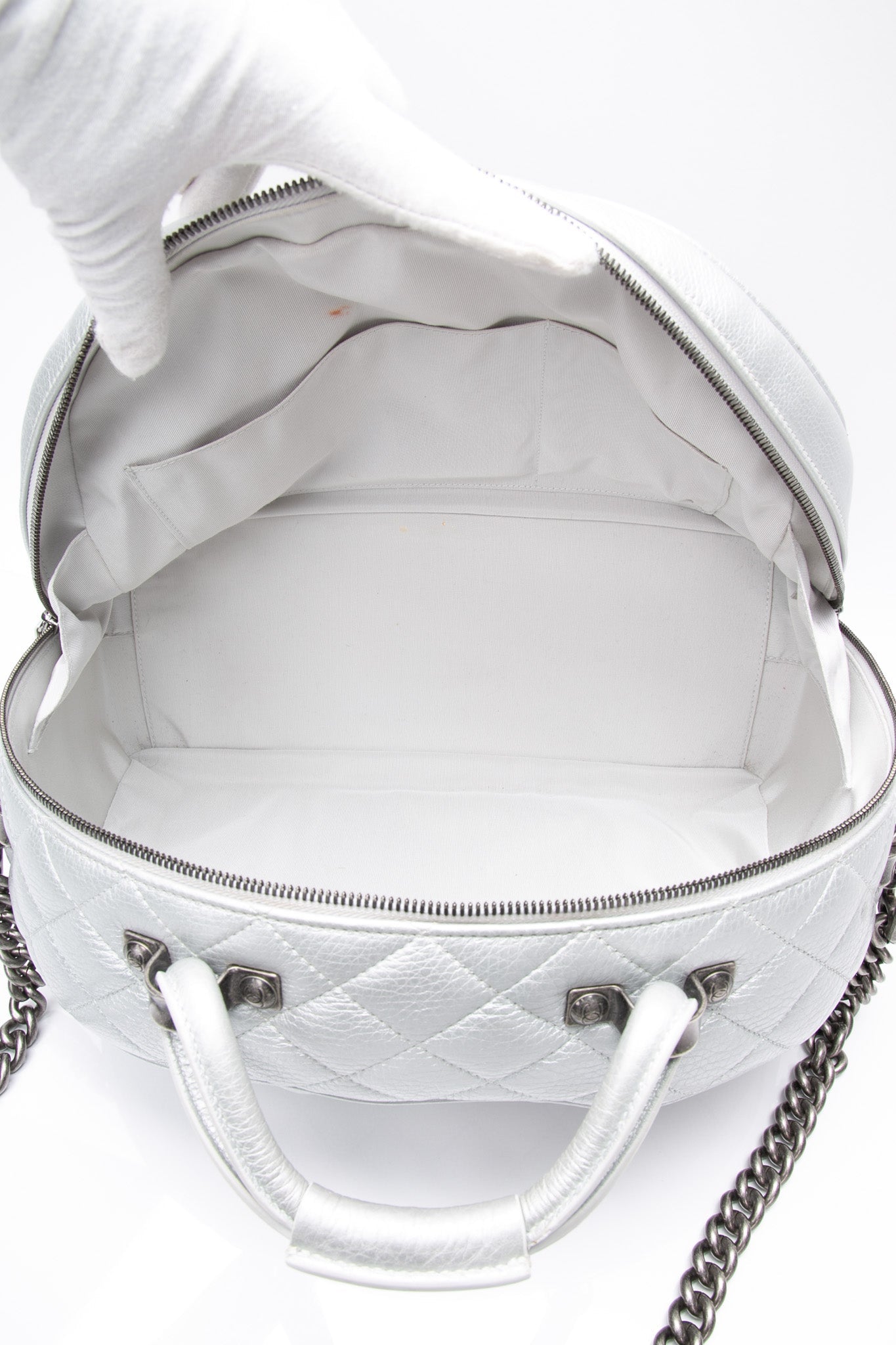 CHANEL Silver Metallic Calfskin Quilted Medium Airlines Round Trip Bowling Bag