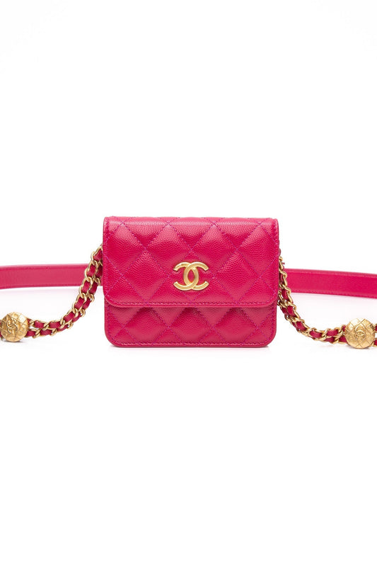 CHANEL Hot Pink Caviar Quilted Twist Your Buttons Coin Purse with Chain Crossbody Bag