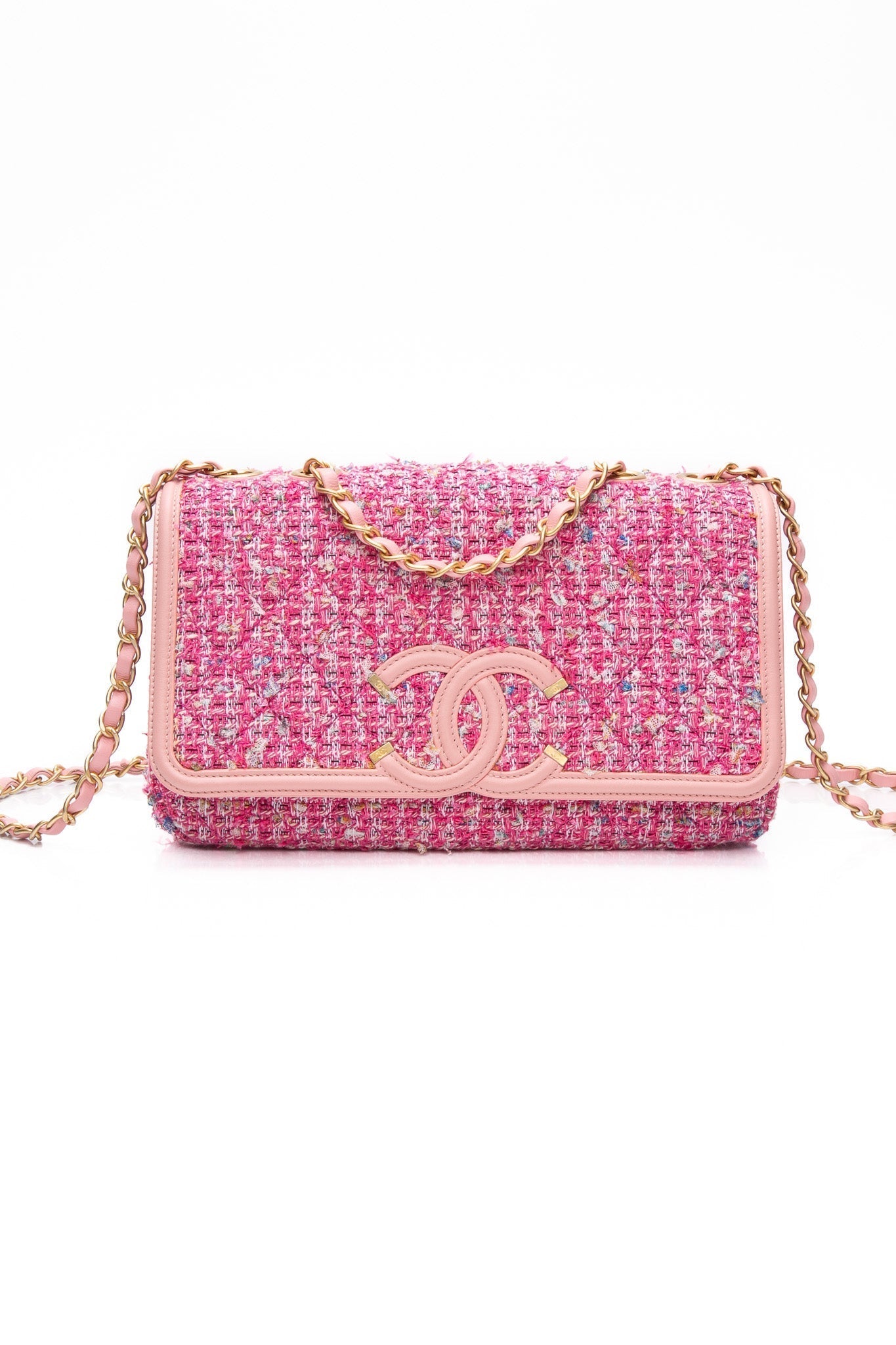 CHANEL Pink Filigree Flap Bag Quilted Tweed Medium
