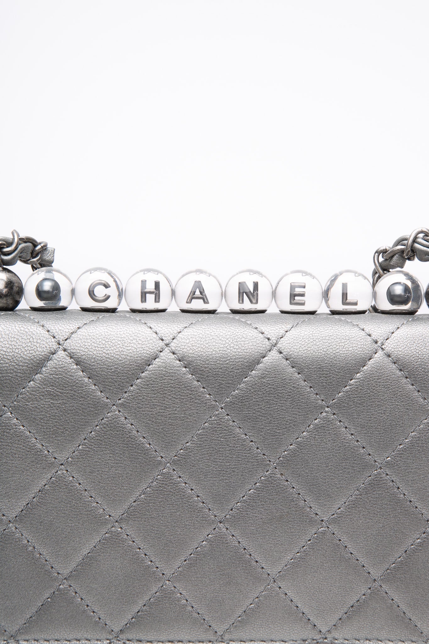 CHANEL Silver Metallic Goatskin Quilted Chic Pearls Flap Bag