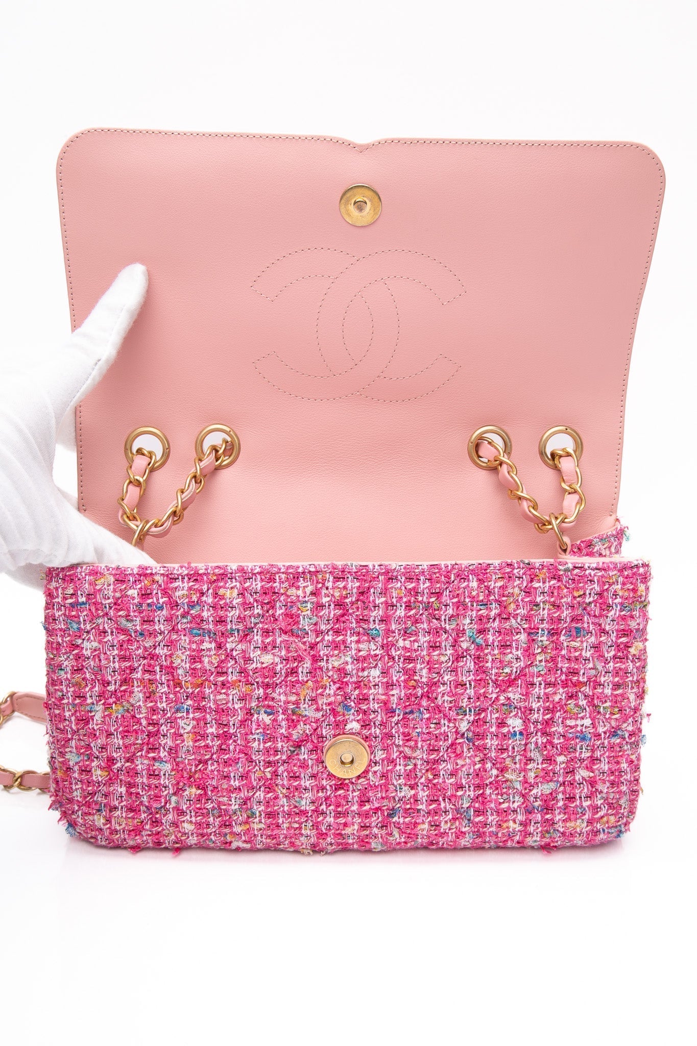 CHANEL Pink Filigree Flap Bag Quilted Tweed Medium