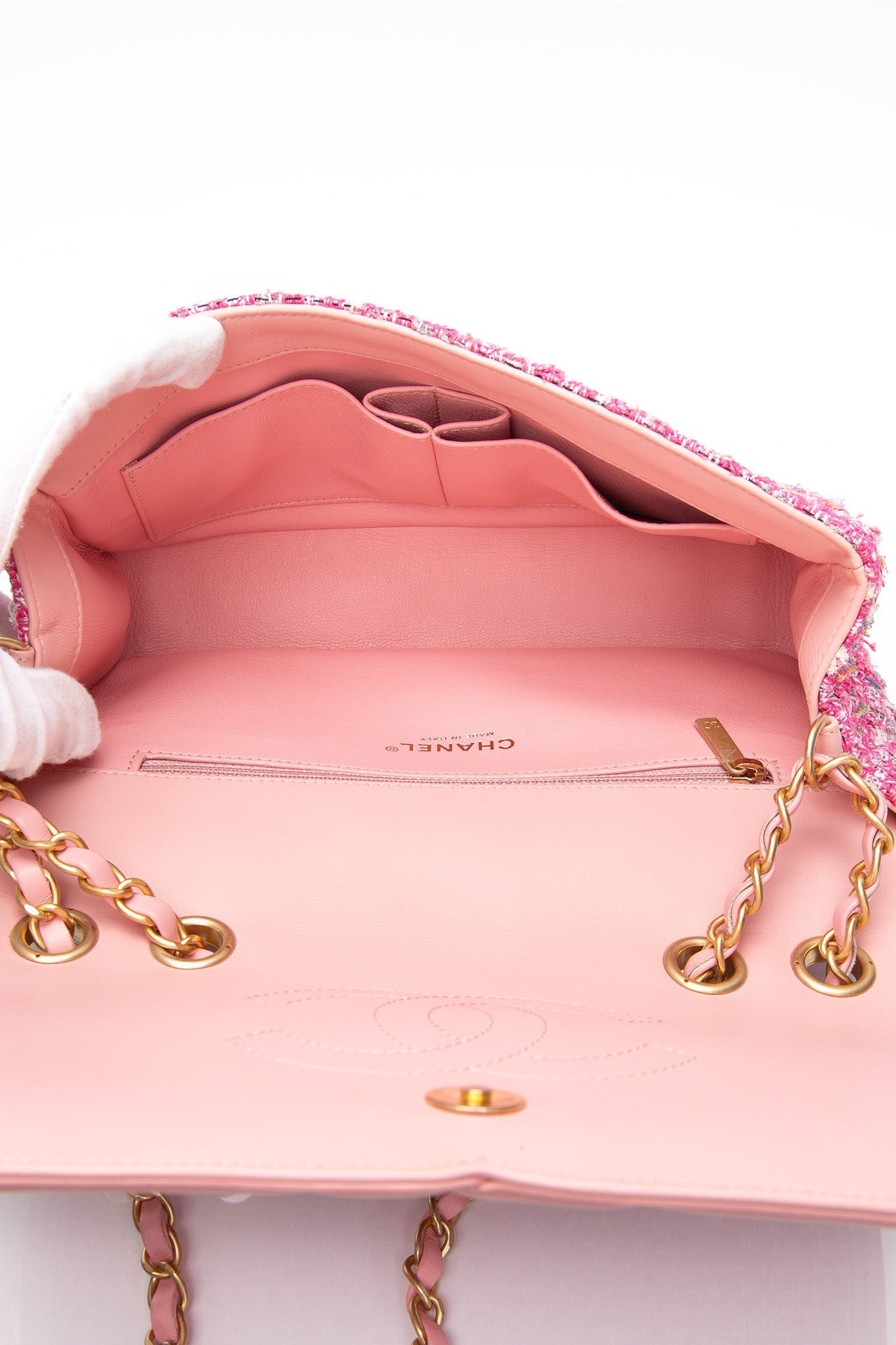CHANEL Pink Filigree Flap Bag Quilted Tweed Medium