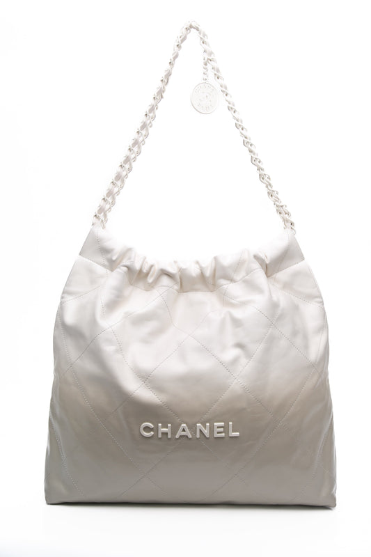 CHANEL 22 White Light Grey Calfskin Quilted Hobo Bag