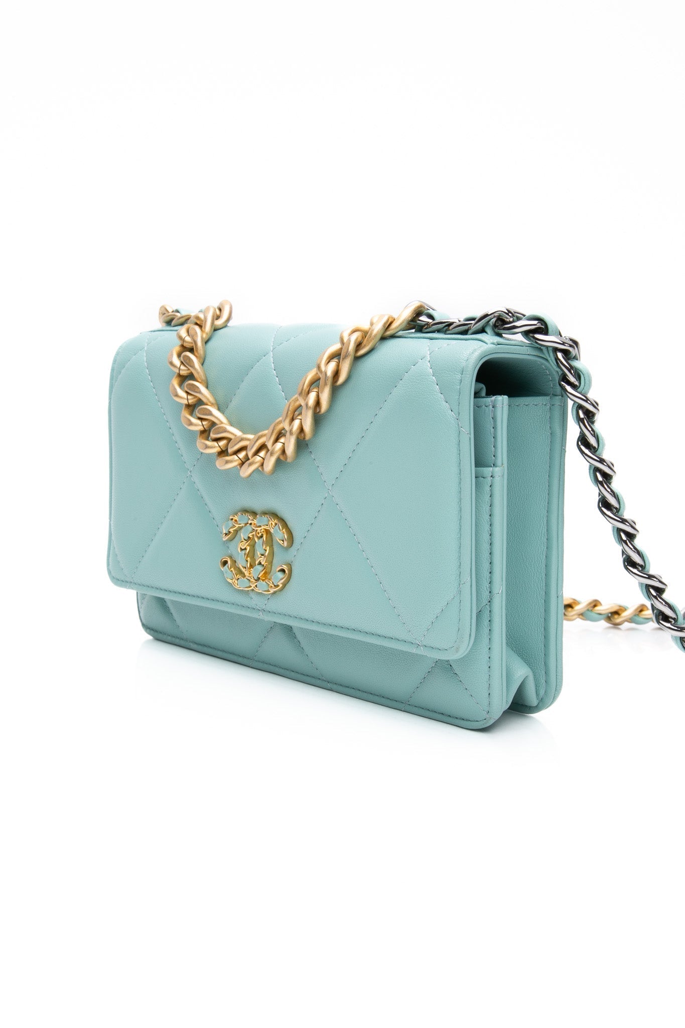 CHANEL 20C Tiffany Blue Lambskin Quilted Wallet On Chain WOC