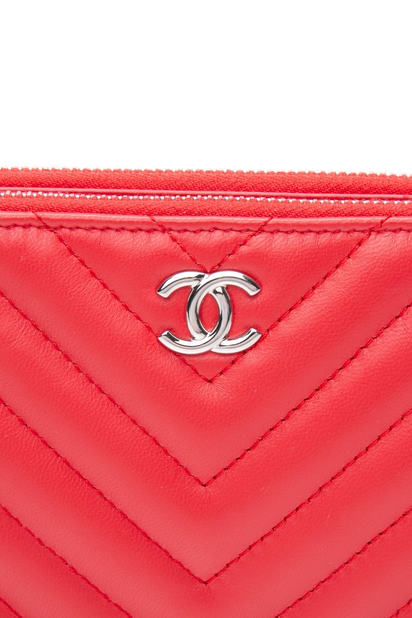 CHANEL Light Red Chevron Quilted Lambskin Double Zip Crossbody