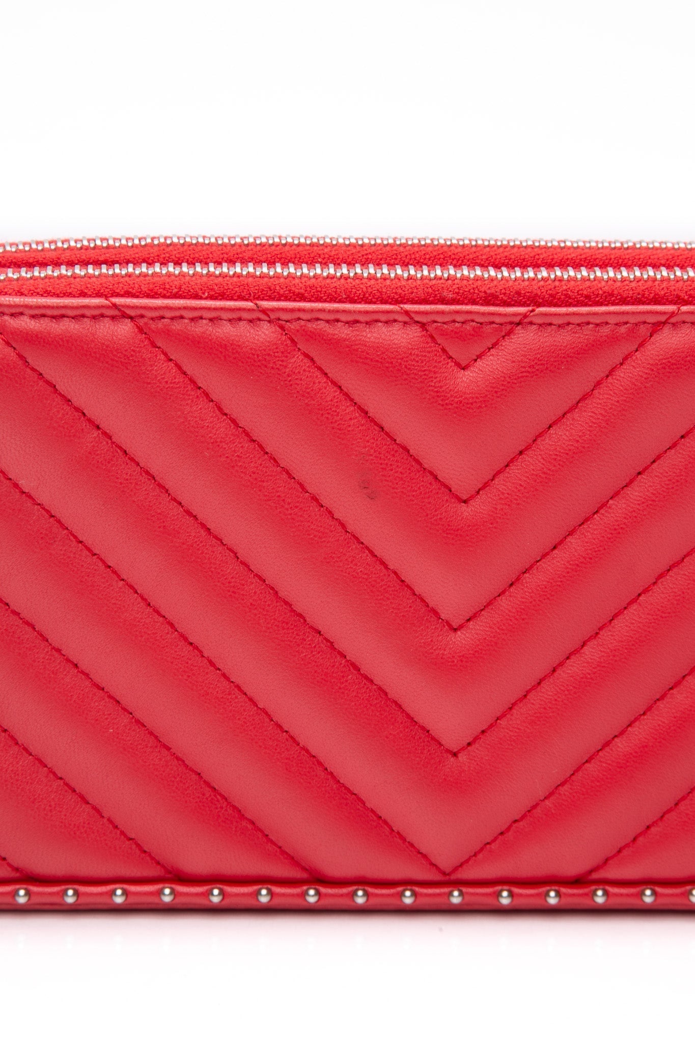 CHANEL Light Red Chevron Quilted Lambskin Double Zip Crossbody