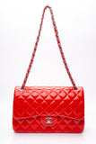CHANEL Red Quilted Patent Leather Classic Jumbo Double Flap Bag