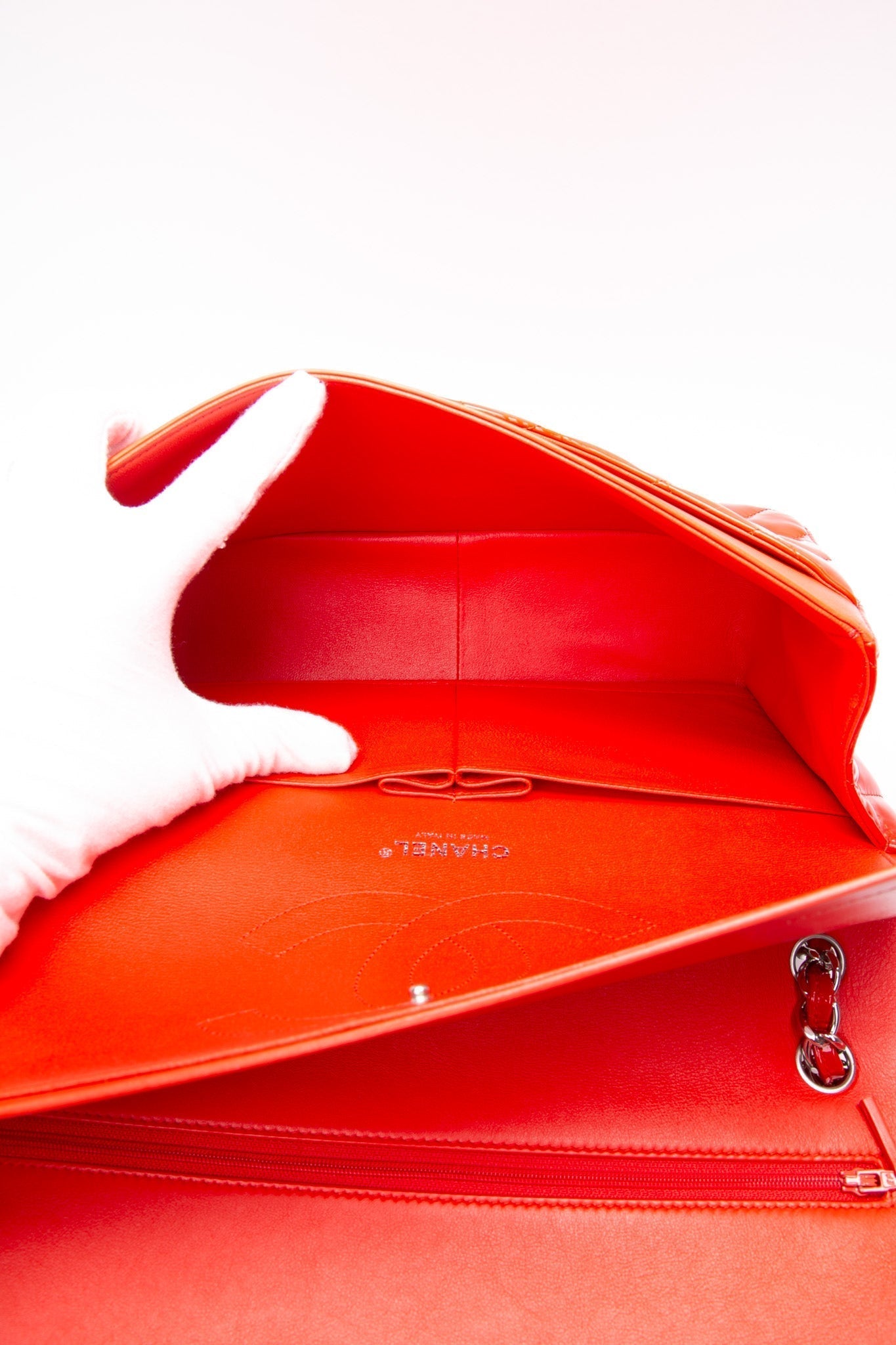 CHANEL Red Quilted Patent Leather Classic Jumbo Double Flap Bag