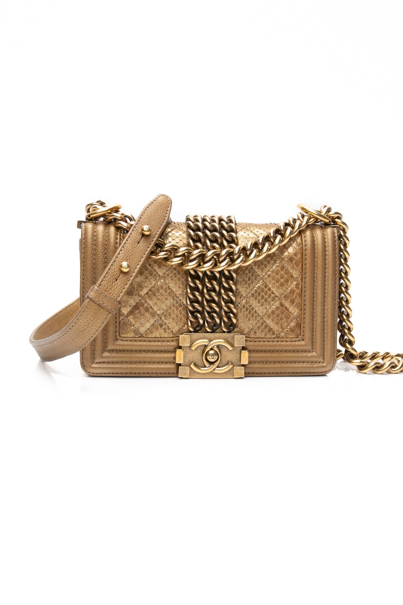 CHANEL Gold Python Quilted Boy Small Flap Bag