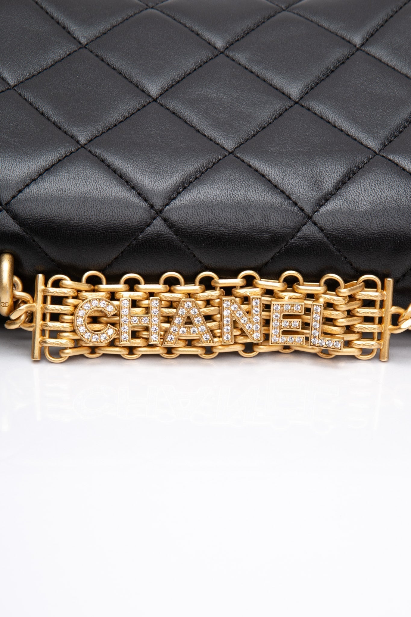 CHANEL 22S Black Lambskin Quilted Mini CC Crystal Logo Chain Flap Bag