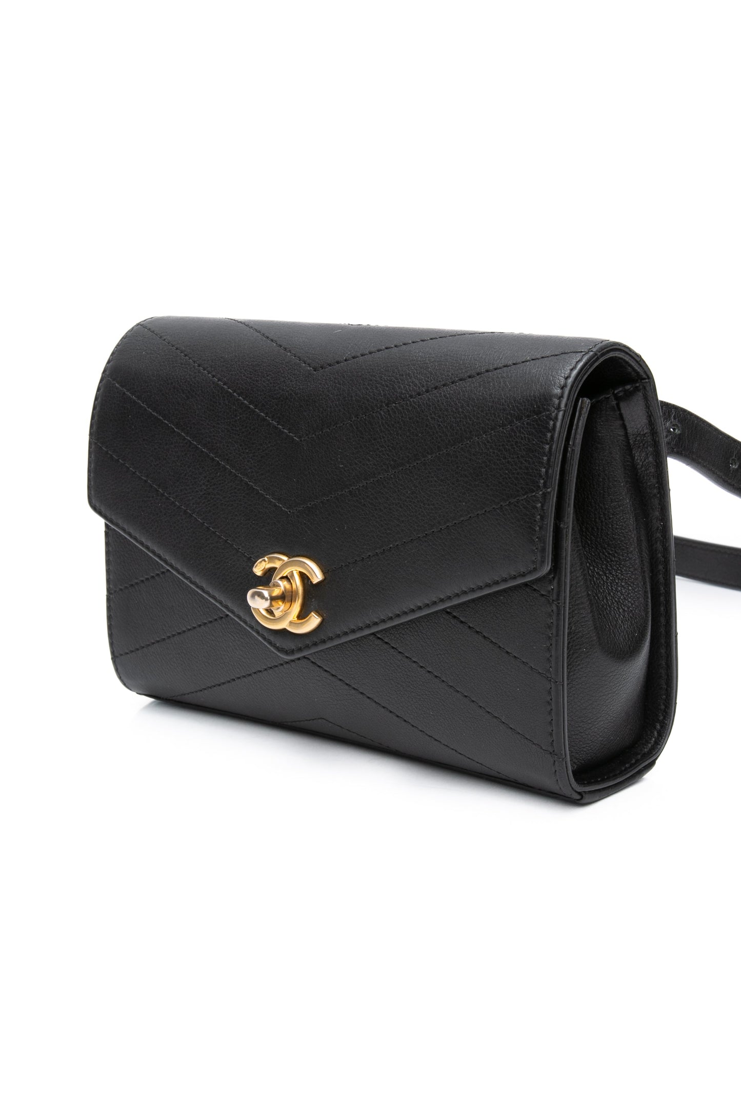 CHANEL Black Calfskin Chevron Stitched Coco Belt Bag