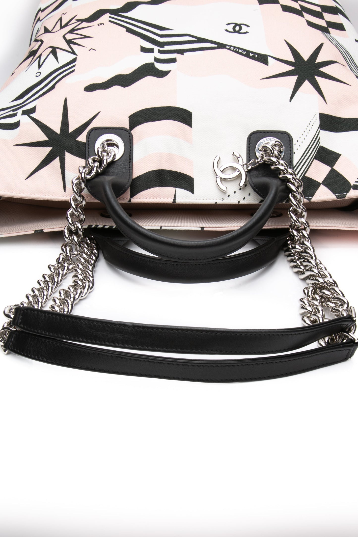 CHANEL Black, Pink, & White Canvas La Pausa Shopping Tote Bag