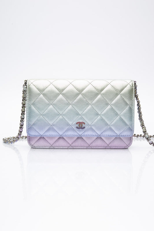 CHANEL 21K Gradient Metallic Rainbow Ombre Quilted Wallet on Chain WOC