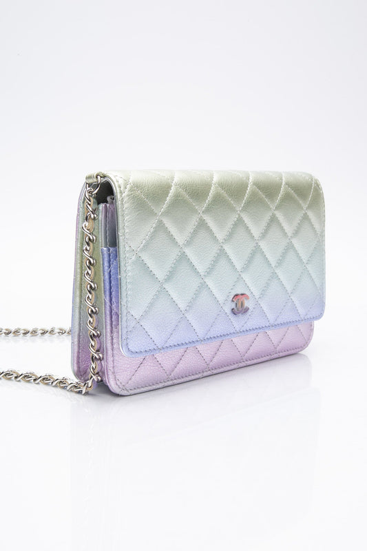 CHANEL 21K Gradient Metallic Rainbow Ombre Quilted Wallet on Chain WOC