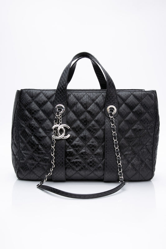 CHANEL Large Black Quilted Leather Python Easy Carry Tote