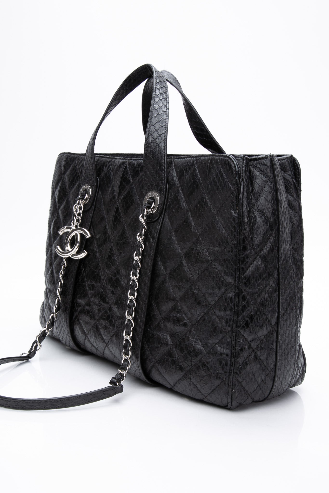 CHANEL Large Black Quilted Leather Python Easy Carry Tote