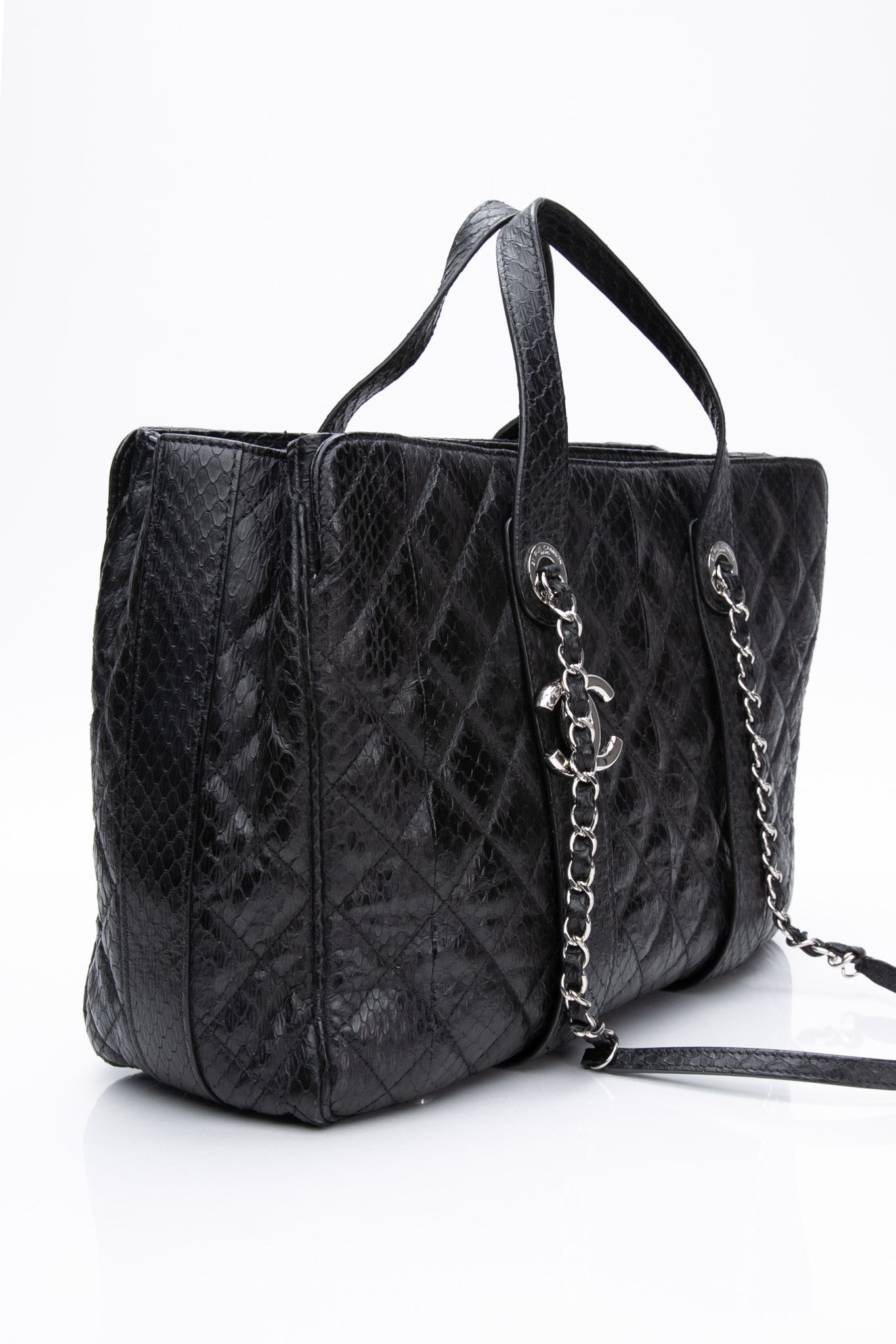 CHANEL Large Black Quilted Leather Python Easy Carry Tote