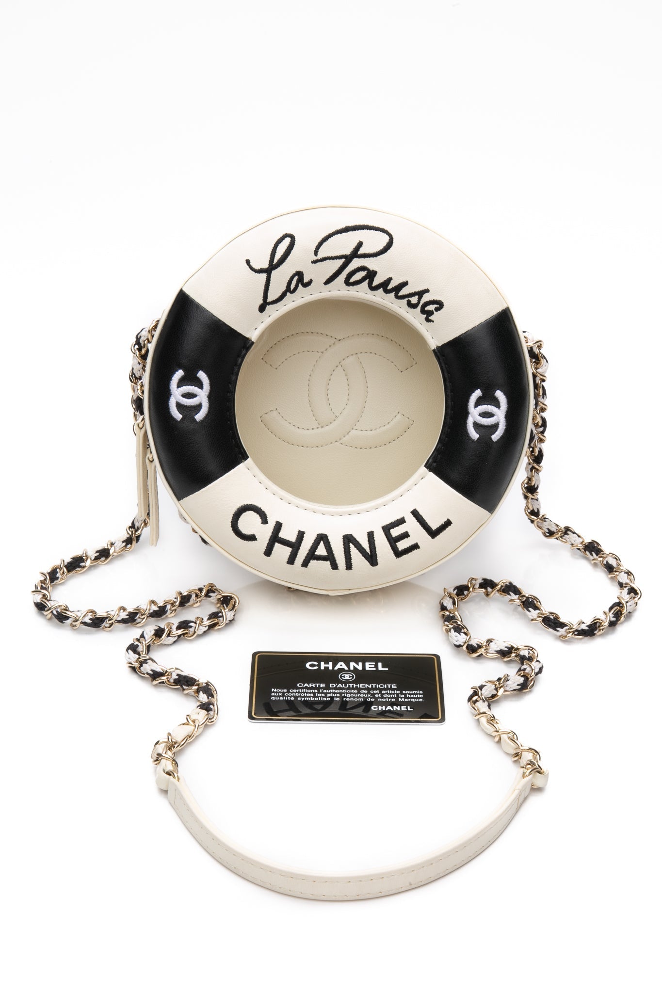 CHANEL Black White Lambskin Coco Lifesaver Round Crossbody Bag