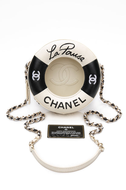 CHANEL Black White Lambskin Coco Lifesaver Round Crossbody Bag