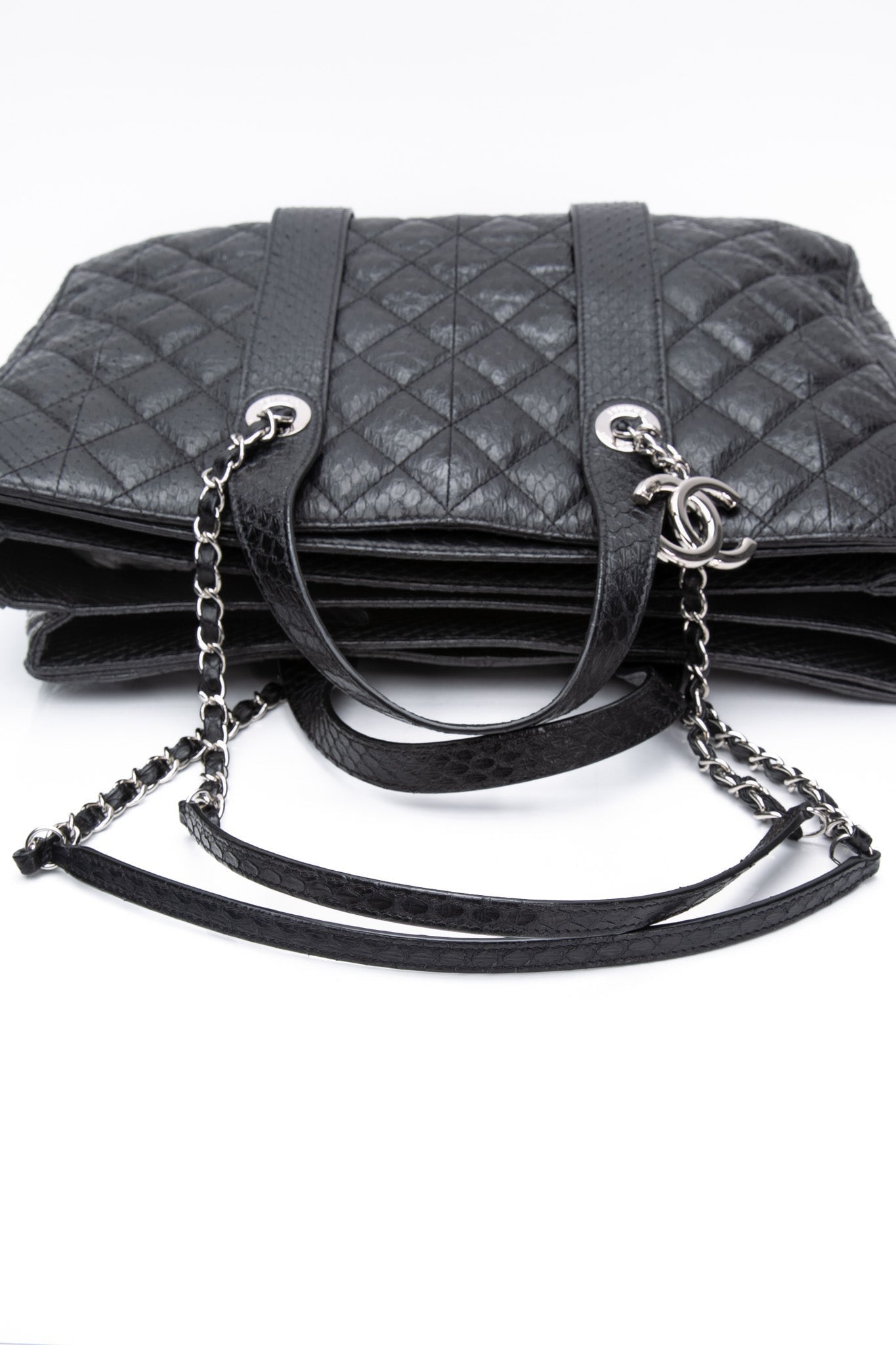 CHANEL Large Black Quilted Leather Python Easy Carry Tote
