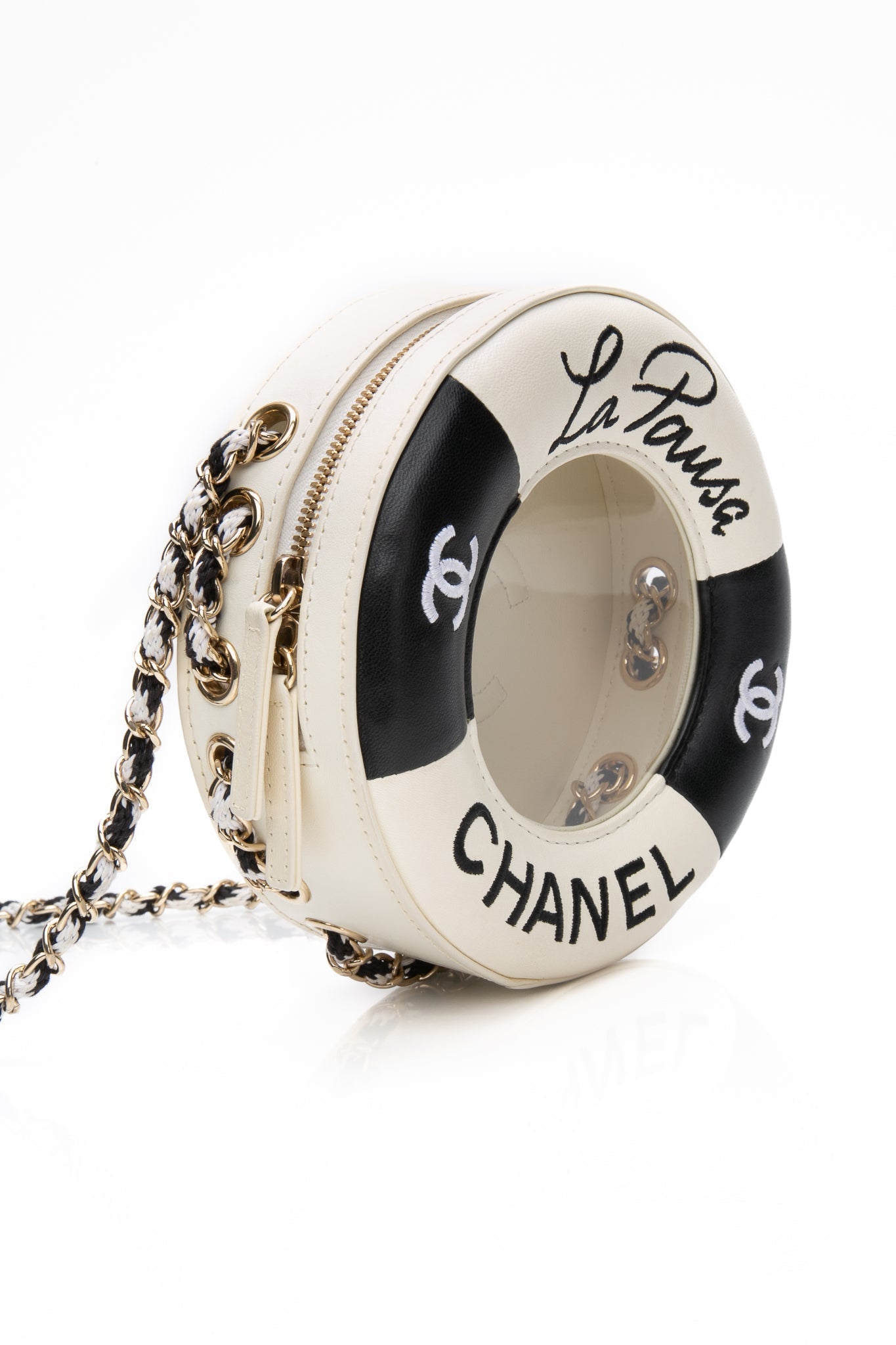 CHANEL Black White Lambskin Coco Lifesaver Round Crossbody Bag