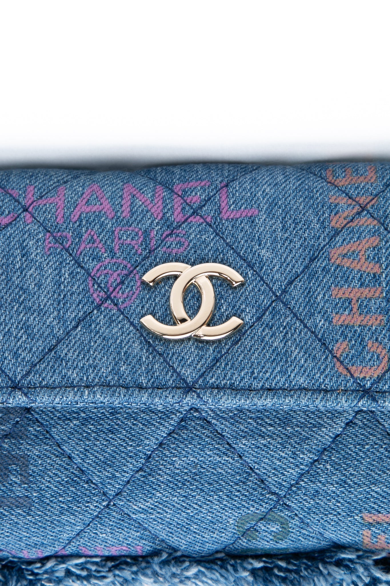 CHANEL 22P Blue Denim Micro Graffiti CC Logo Crossbody