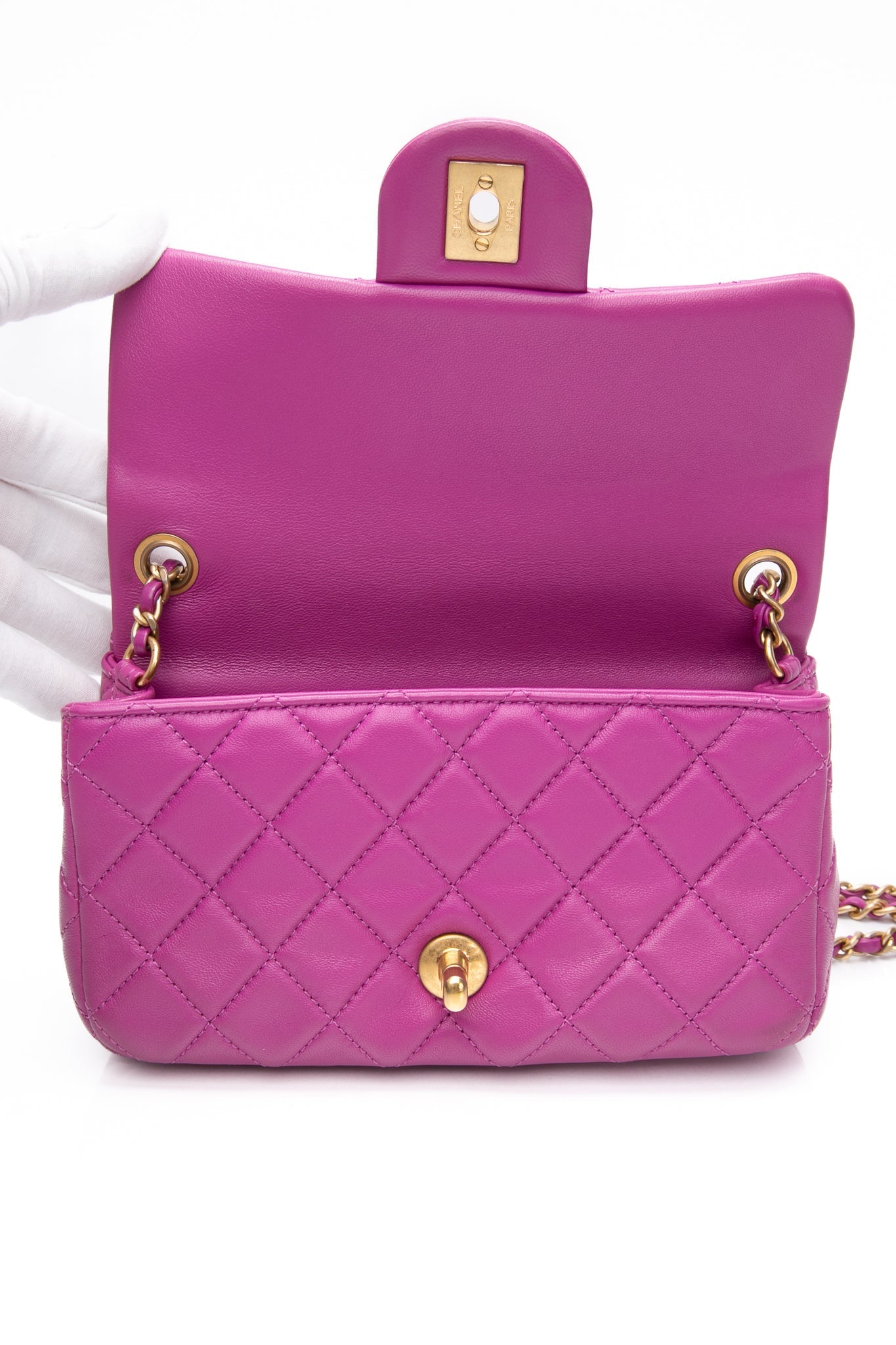 CHANEL Rectangular Mini Purple Lambskin Quilted Pearl Crush Gold Flap Bag
